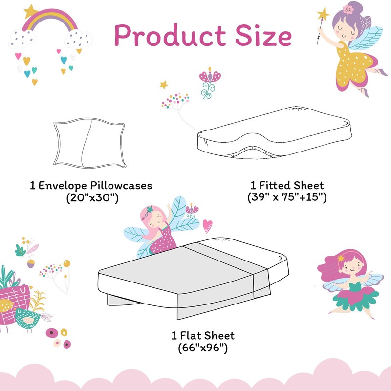 JSD Fairy Floral Kids Sheet Set Twin Size, 3 Piece