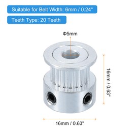 uxcell 2 Pcs Aluminum 20 Teeth 5mm Bore 6mm Width Timing Belt Pulley Wheel Idler Pulley Synchronous Wheels Gear Part with Wrench for 3D Printer, Silver