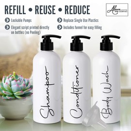 Alora 16oz Refillable Shampoo and Conditioner Dispenser Bottles - Set of 3 - Stylish Labels - Pump Bottle Dispenser for Shampoo, Conditioner, Body Wash - Empty Plastic Refillable Containers for Shower