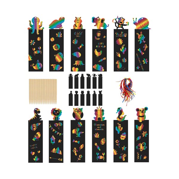 Johiux Scratch Art for Kids,24Pcs Bookmarks for Children,Classroom Gifts,with 24pcs