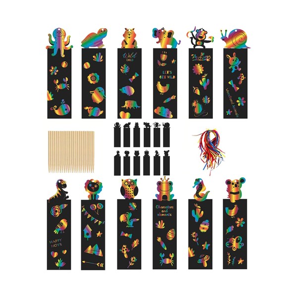 Johiux Scratch Art for Kids,24Pcs Bookmarks for Children,Classroom Gifts,with 24pcs Wooden Stylus and 24pcs Satin Ribbons for Kids School Tags,Classroom, Party Bags Filler for Kids.