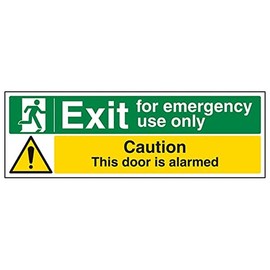 V Safety Safe Condition Exit - Exit for Emergency Use Only/Door Alarmed - 300 x 100 mm Restickable Safety Sign Safety Sign