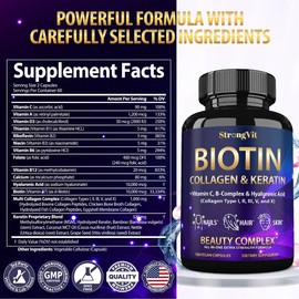 Biotin with Hyaluronic Acid, Keratin, and Collagen Supplements - Hair Growth Vitamins for Women and Men, Healthy Nails and Skin, B1, B2, B3, B6, B7 Complex, USA (120 Capsules)