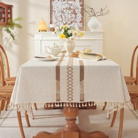 Lifetooler Table Cloths Rectangle Cotton Linen Tassel Tablecloth Waterproof Wrinkle Free Table Cover for Kitchen Dinning Tabletop Decoration(Beige,55 x 71 Inch)