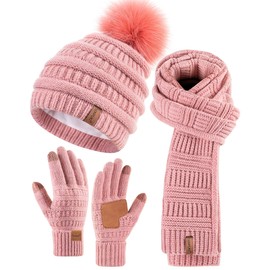 SENPUKI Hat, Scarf & Glove Sets for Women, Beanie Hat Women's Winter with Bobble Fleece Lined, Touchscreen Gloves, Scarf, Warmer Hat, Women's 3-in-1 Gift Set for Cold Weather, pink