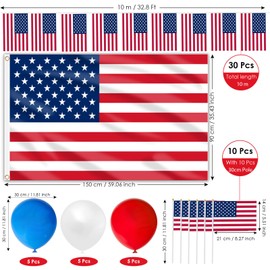 AhfuLife USA Flagge Set, Amerika Deko Set mit Amerikanische Flagge Groß, Amerika Wimpel, 10 Stück Kleine Amerikanische mit Stab, Luftballons Rot Blau Weiß für USA Deko Party July 4th Decoration