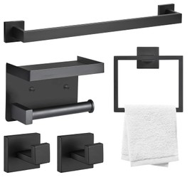Warepro 5 Pieces Bathroom Hardware Set, Matte Black Bathroom Accessories Stainless Steel Wall Mount, Includes 23" Hand Towel Holder, Toilet Paper Holder, Towel Ring, 2 Robe Towel Hooks