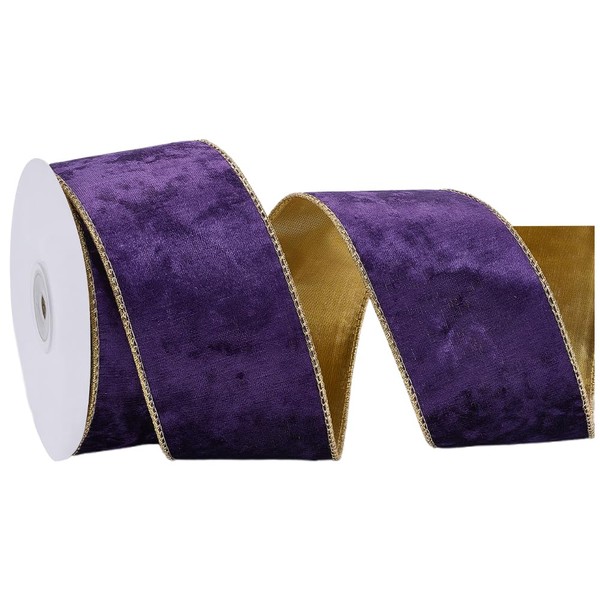 CABODYALS 2.5 Inch Purple Velvet Ribbon Wide Gold Edge Ribbon