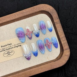 10Pcs Handmade Press on Nails Medium Almond Fake Nails Aurora Beach False Nails with 3D Flower Sea Shell Pearl Design Handmade Acrylic Nails Press ons Reusable Stick on Nail for Women Nail Art (S)
