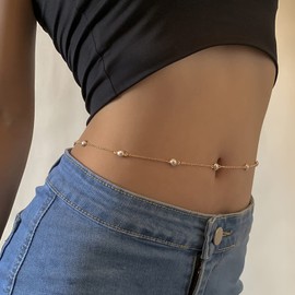 Atentuyi Pearl Belly Waist Chain Bikini Beach Harness Gold Body Chain Minimalist Waist Jewellery for Women and Girls
