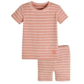 moimoln Ribbed Stripe Pajamas Viscose Snug-Fit Baby Toddler Boys Girls Sleepwear Short Blanco Camel 12-18m