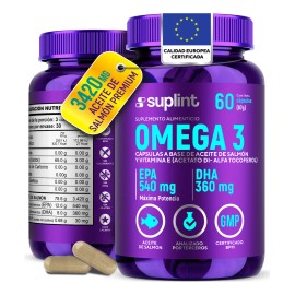 Omega 3 de Aceite de Salmón 3420 mg – Alto Contenido de EPA, DHA y Vitamina E – Suplemento Natural para Corazón, Cerebro y Articulaciones – Sin Gluten, Sin OGM – 60 Cápsulas – SUPLINT