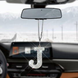 HQRNYP Bling Car Letter Charm, Car Mirror Hanging Accessories, Rear View Mirror Ornament Cute Hanging Crystal Pendant Bling Accessory, Lucky Diamond Rhinestone Girly Ornament for Girl Women (Letter J)