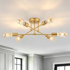 YCZM Modern Sputnik Chandelier, 6-Lights Mid Century Semi Flush Mount Ceiling Light Fixture(Bulbs not Included), Gold Pendant Lamp with Adjustable Angles for Bedroom, Dining Room, Living Room,Kitchen