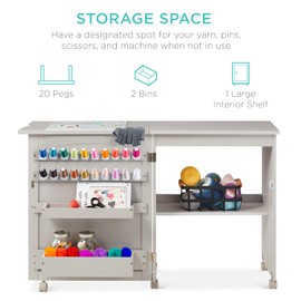 Best Choice Products Folding Sewing Table Multipurpose Craft Station & Side Desk with Compact Design, Wheels, Shelves, Bins, Pegs, Magnetic Doors, Metal Doorknobs - Gray