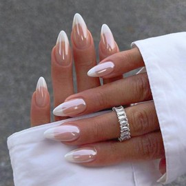 YOSOMMK French Tip Chrome Short Press on Nails Almond Medium Fake Nails with Mirror Designs Glossy Glue on Acrylic Nails Nude Full Cover False Nails for Women