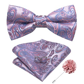 Hi-Tie Mens Pink Silk Paisley Bow Ties Pre-Tied Bowties Lapel Pin Pocket Square Cufflinks Set Wedding Adjustable Bow Tie