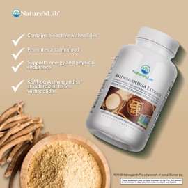 Nature's Lab Extra Strength Ashwagandha KSM 66 Extract - 5% Withanolides, Pure Organic Ashwagandha Root Powder - Supports Stress Relief, Focus and Strength Support* - 120 Ct (60 Day Supply)