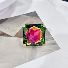 Exaggerated Large Square Rhinestone Statement Ring for Women Luxury Vintage Thick Chunky Geometric Big Crystal Stone Finger Knuckle Band Wrap Open Adjustable Rings Wedding Brides Cocktail Prom Party Jewelry Gift (Colorful)