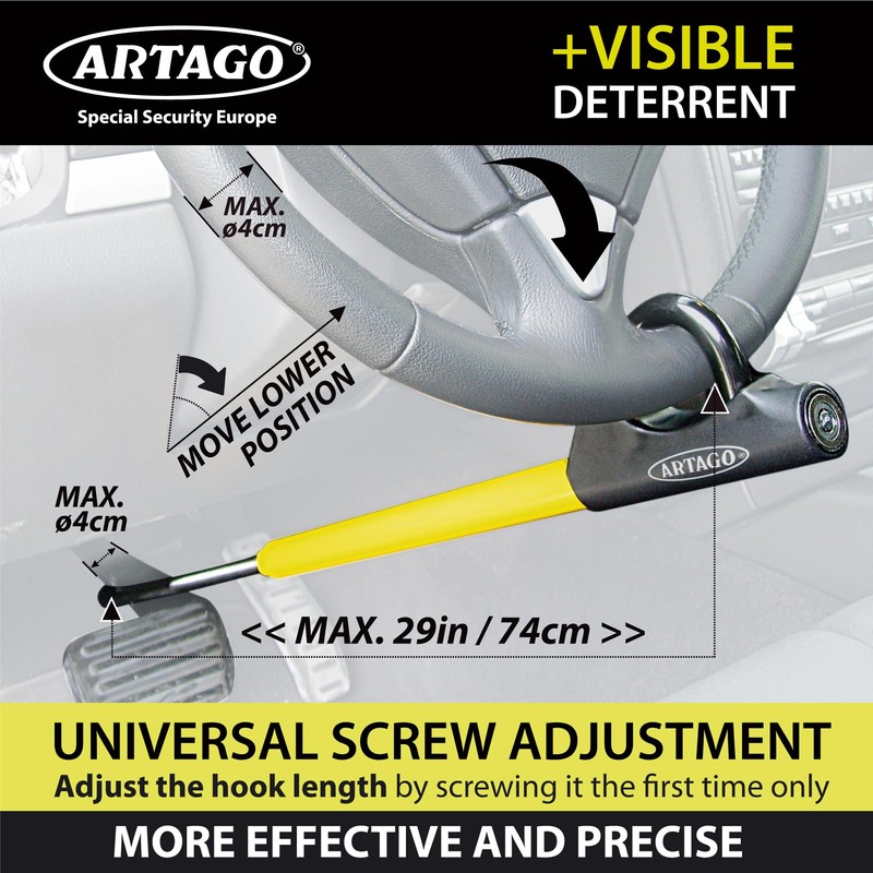 Artago 871A/B Steering Wheel Brake Pedal Lock, Yellow, Key Lock,