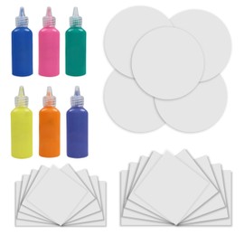 Jovial & Joyful Spin Art Refill Pack - 10 x Large Cards - 10 x Small Cards - 5 x Round Cards - 6 Bottles of Colored Paint - Purple, Blue, Green, Pink, Orange, Yellow