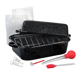 Granite Ware 25 lb Rectangular Roaster Set (10pcs), includes Lid, V-Rack, 2 pack brining bags, oven/grill-safe meat Thermometer, Turkey Baster with sylicon bulb, small brush