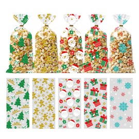 Kistreao Christmas Cellophane Treat Bags Clear Santa Claus Candy Bags Plastic Goodie Cookie Gift Bags with Twist Ties for Christmas Party Supplies 50Pcs