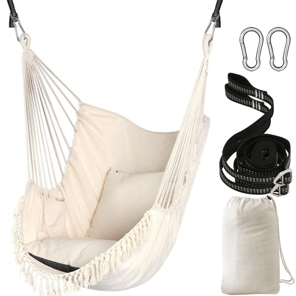 Chihee Hammock Chair Hanging Swing 2 Pillows Included,Strong Webbing Straps and Hooks for Easy Hanging Soft Cotton Hanging Chair Side Pocket Tassel Chair Comfort Indoor Outdoor