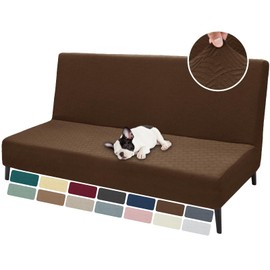 ZNSAYOTX Armless Futon Covers Full Size (67"-82") Stretch Jacquard Sofa Bed Slipcovers, Striped Queen Futon Cover with Non-Slip Elastic Bottom, Soft Cozy Futon Mattress Cover Washable (Coffee)