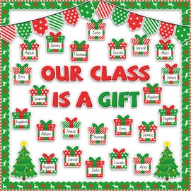 Christmas Bulletin Board Decorations Set Xmas Gift Boxes Borders Cutouts for Party School Classroom Door Welcome Bulletin Board Craft Home Wall (Our Class is a Gift)