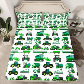 Feelyou Equipment Trucks Fitted Sheet Excavators Bedding Set for Kids Boys Girls Children Green Vehicle Bed Sheet Set Soft Construction Tractor Decor Bed Cover Twin Size