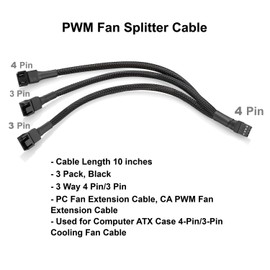 PWM Fan Splitter Cable 10 inches, 3 Pack, Black, 3 Way 4 Pin PC Fan Extension Cable, CA PWM Fan Extension Cable, for Computer ATX Case 4-Pin/3-Pin Cooling Fan Cable