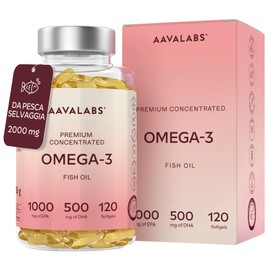 Omega 3 2000mg ad Alto Dosaggio - Olio di Pesce Omega 3 Capsule - Integratore Omega 3 1000mg EPA 500mg DHA per dose giornaliera (2 capsule) - Fish Oil Puro Non-OGM Fonte di Acidi Grassi - 120 softgel