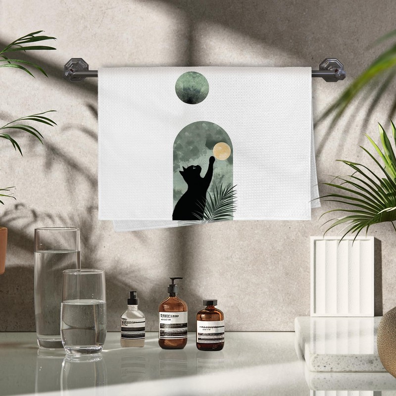Zeuiwr Boho Black Cat Kitchen Towels Set of 4, Sage