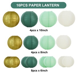 BEISHIDA 16 Pcs Sage Green Gold Paper Lanterns,Hanging Decorative Chinese Japanese Round Paper Lantern Lamp for Birthday Wedding Baby Bride Shower Home Party Decoration