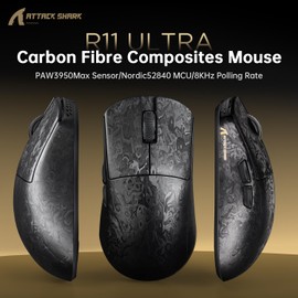 ATTACK SHARK R11 Ultra 8K Carbon Fiber Wireless Gaming Mouse,PAW3950 MAX Sensor,49g Ultra-Lightweight,Nordic 52840 MCU Chip,42000 DPI,Wired/BT/2.4GHz Wirelss Programmable Mouse for PC/Mac(Ink)