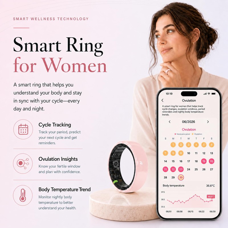 Sqrutri Pink Ceramic Smart Ring for Women, Health & Sleep