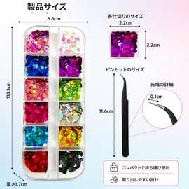 Nail Glitter, Heart 12 Color Set, Hologram Star Nail Parts, Sparkling Star Shape, DIY, Handmade Material, Craft Parts, Nail Art Supplies, Tweezers Included, Transparent Case