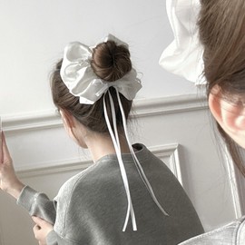 PLwelth Satin Scrunchies for Women Girls Cute Silk Elastic Hair Ties White Bow Ribbon Hair Scrunchy for Thin Thick Hair Ponytail Holder French Fashion Hair Bands Accessories for Daily Party Decoration
