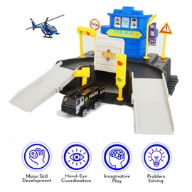 Maggie Police Fire Fighting Squad Parking Garage Toy Set, includes Firefighter Toy Truck with Extendable Rescue Ladder, Helicopter