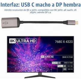 Adaptador USB-C a DisplayPort 4K a 144Hz 8K a 30Hz HDR DP 1.4 para Oficina en Casa