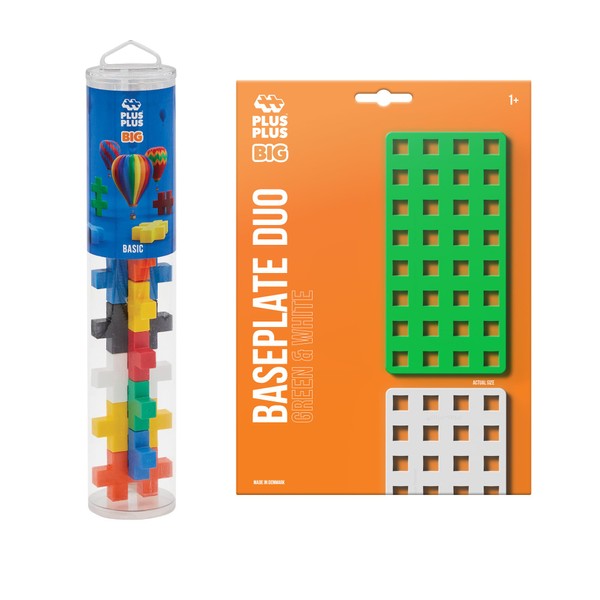 PLUS PLUS Big - Baseplate Duo & 15 Piece Big Basic Tube Set - Construction Building Stem/Steam Toy, Interlocking Large Puzzle Blocks for Toddlers and Preschool