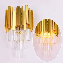 Crystal Wall Sconce Lighting 3 Tiers Crystal Wall Lamp Modern Wall Light Fixture Bedside Night Lamp for Bedroom Bathroom Living Room Hallway Staircase,2X E12,Gold