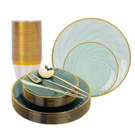 N9R 180Pcs Green Plastic Plates- Disposable Dinnerware Set with Gold Rim for 30 Guests, Include 30Dinner Plate, 30Dessert Plates, 30Cups, 90Silverware for Party & Wedding