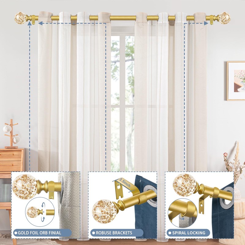 TVWOO Gold Decorative Crystal Curtain Rods 2 Pack:18-45" Heavy Duty