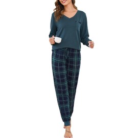 Vlazom Pyjamas Set for Women, Soft Two Pieces Pj's Sets Long Sleeve Tops and Plaid Pants Sleepwear with Pockets Drawstring Turquoise,XXL