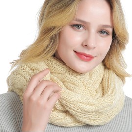 QUEENFUR Winter Women Thick Cable Knit Ribbed Infinity Circle Loop Scarf Matches with Beanies (Beige)