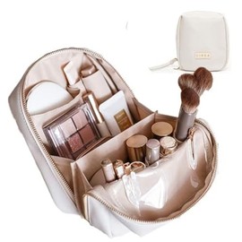 Elegante bolsa de cosméticos portátil para mujer con compartimentos, bolsa de maquillaje de viaje de gran capacidad para bolso (beige)                