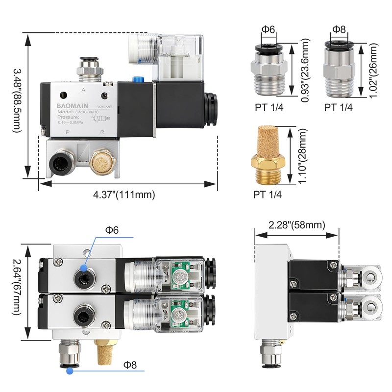 BAOMAIN 24V DC 3/2 Pneumatic Solenoid Valve 2 Station 3V210-08