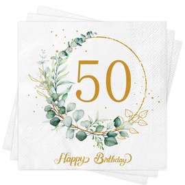 Xunerloy 40Pcs 50th Birthday Napkins Sage Green Gold, 50th Birthday Serviettes Eucalyptus Napkins for Women Men Her He Anniversary Decoration